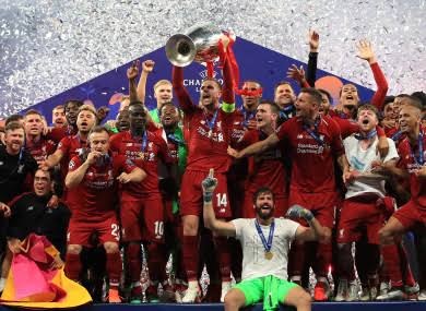Liverpool players celebrating their Champion League victory over Tottenham in 2019