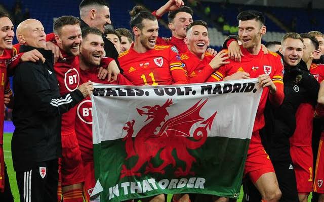 Gareth Bale celebrating with Wales National team players after qualifying for Euros 2020 now 2021