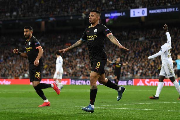 Manchester City Gabriel Jesus celebrating his Champions League goal against Real Madrid 
