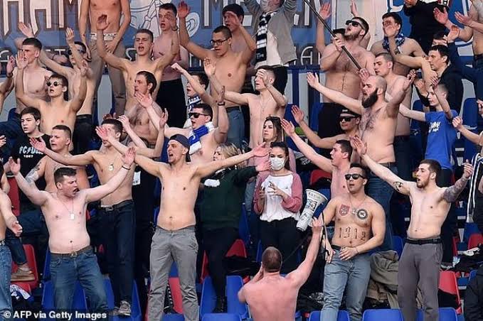 A section of fans in a stadium during a football match in Belarus amid the coronavirus pandemic 