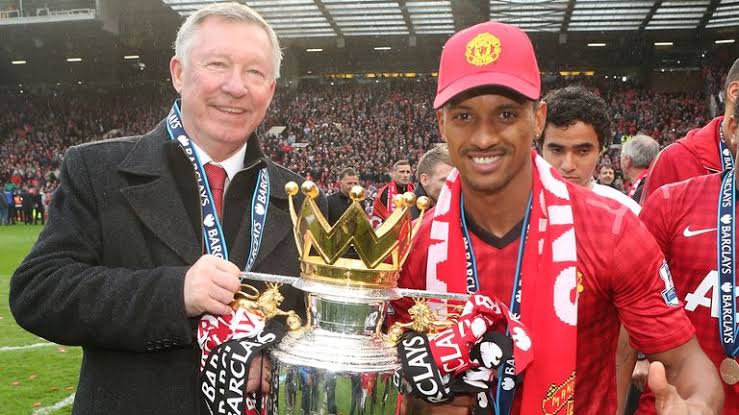 Nani and Ferguson lifting the Premier League title in 2013
