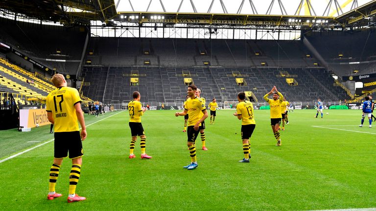 Erling Haaland celebrating his 10th goal for Dortmund in the German Bundesliga 