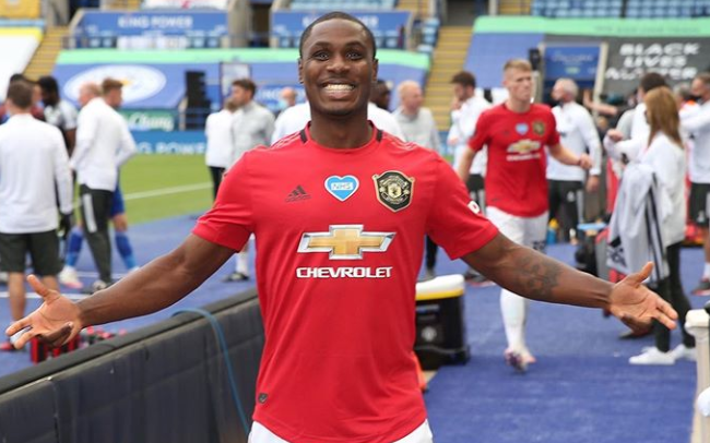 Odion Ighalo celebrates Manchester United qualification for the 2020-2021 Champions League campaign.