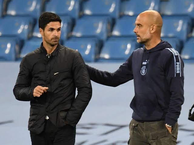 Manager of Arsenal Mikel Arteta and the manager of Manchester City, Pep Guardiola 