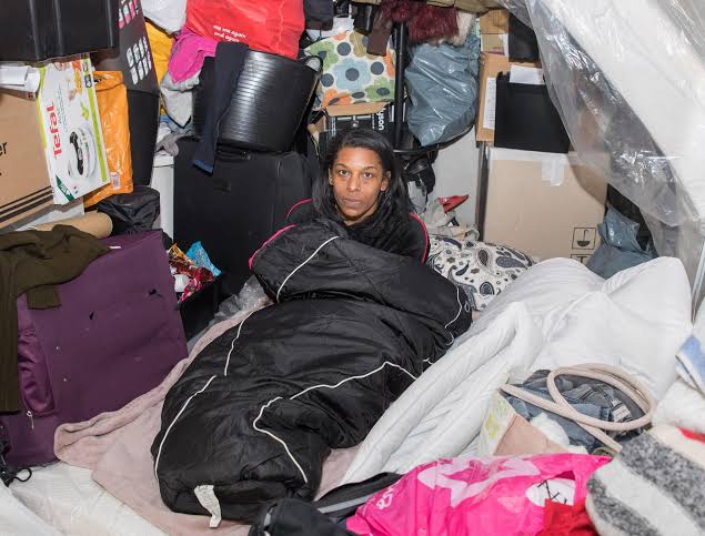 Ainsley Maitland-Niles' mother Jules in her square metal storage crate home in 2018.