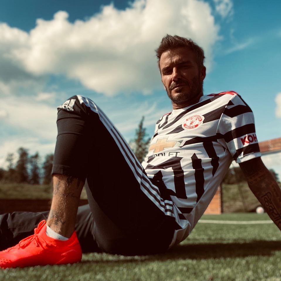 David Beckham wearing Manchester United's new kit ahead of the 2020-2021 season. 