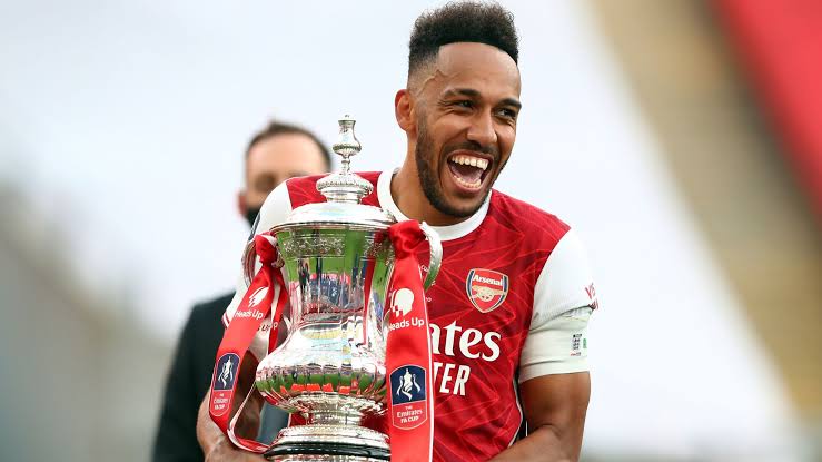 Pierre-Emerick Aubameyang celebrating Arsenal's FA Cup victory before extending his contract with Arsenal.