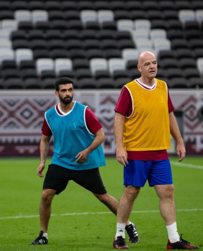 Gianni Infantino and the 2022 World Cup CEO Hassan Al Thawadi playing in the beautiful Al Bayt Stadium.