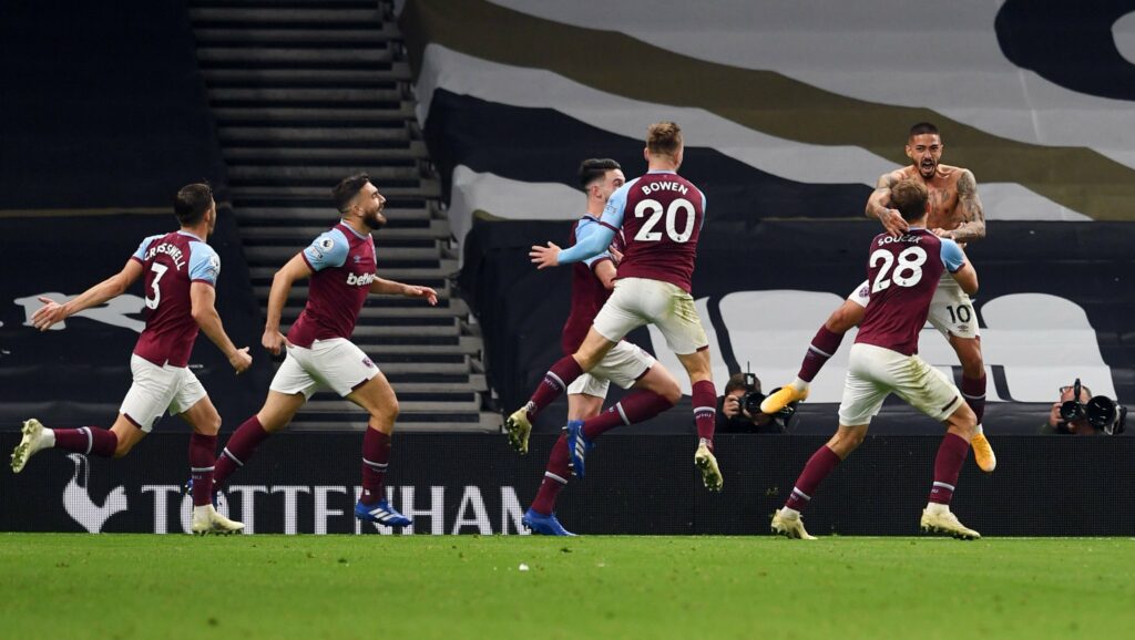 West Ham United players celebrate their miraculous draw against Tottenham.