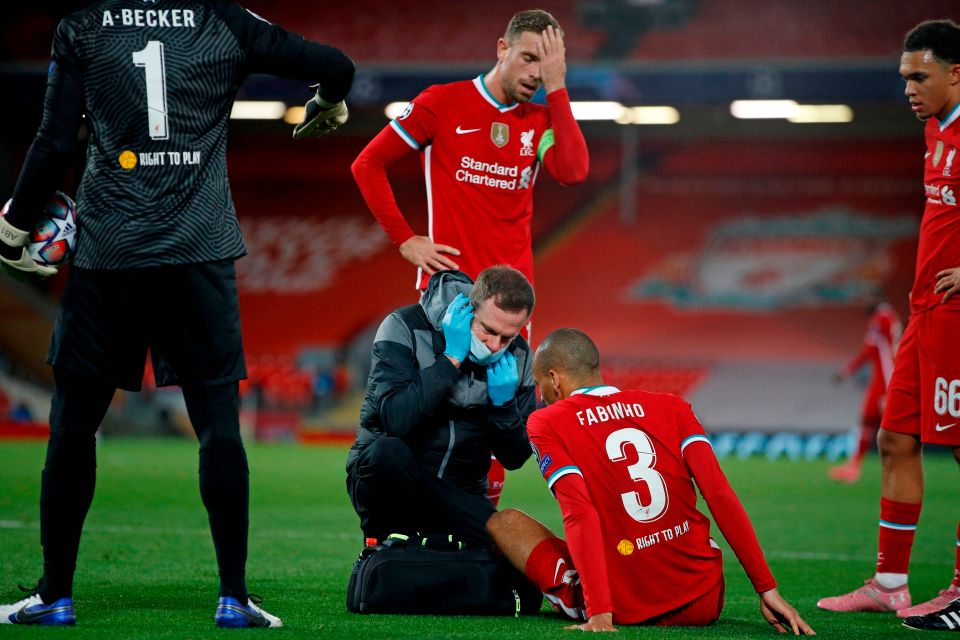 Fabinho being attended to by Liverpool's medics on Tuesday night. 
