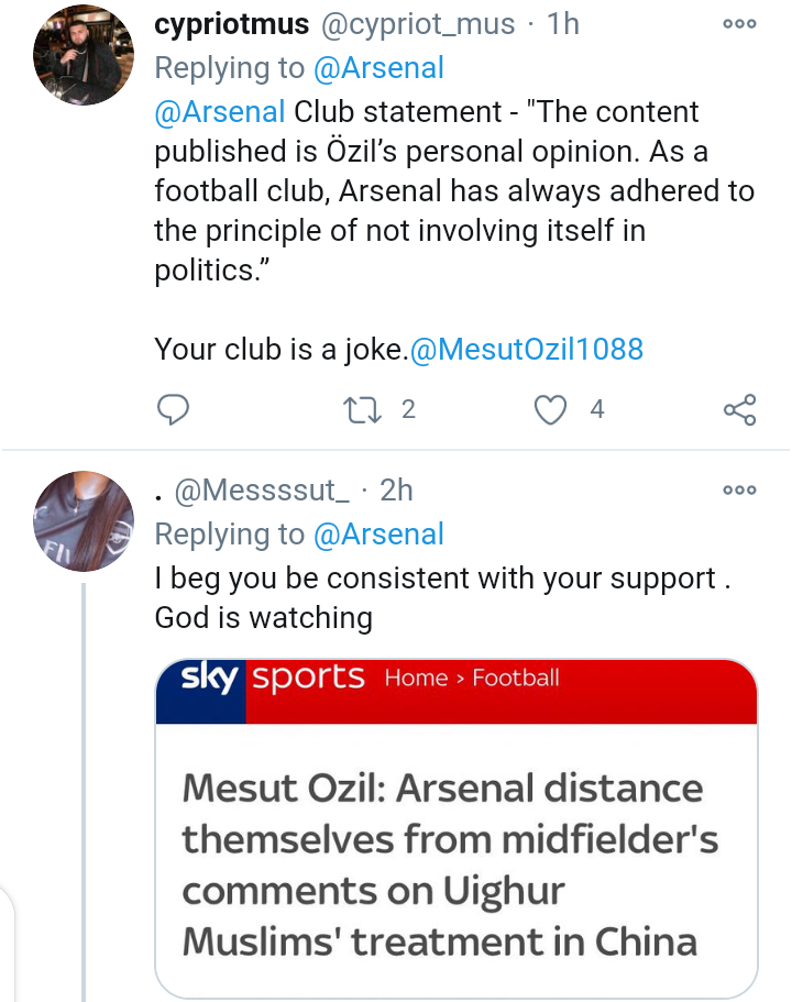 reactions of Mesut Ozil's fans to Arsenal's tweet