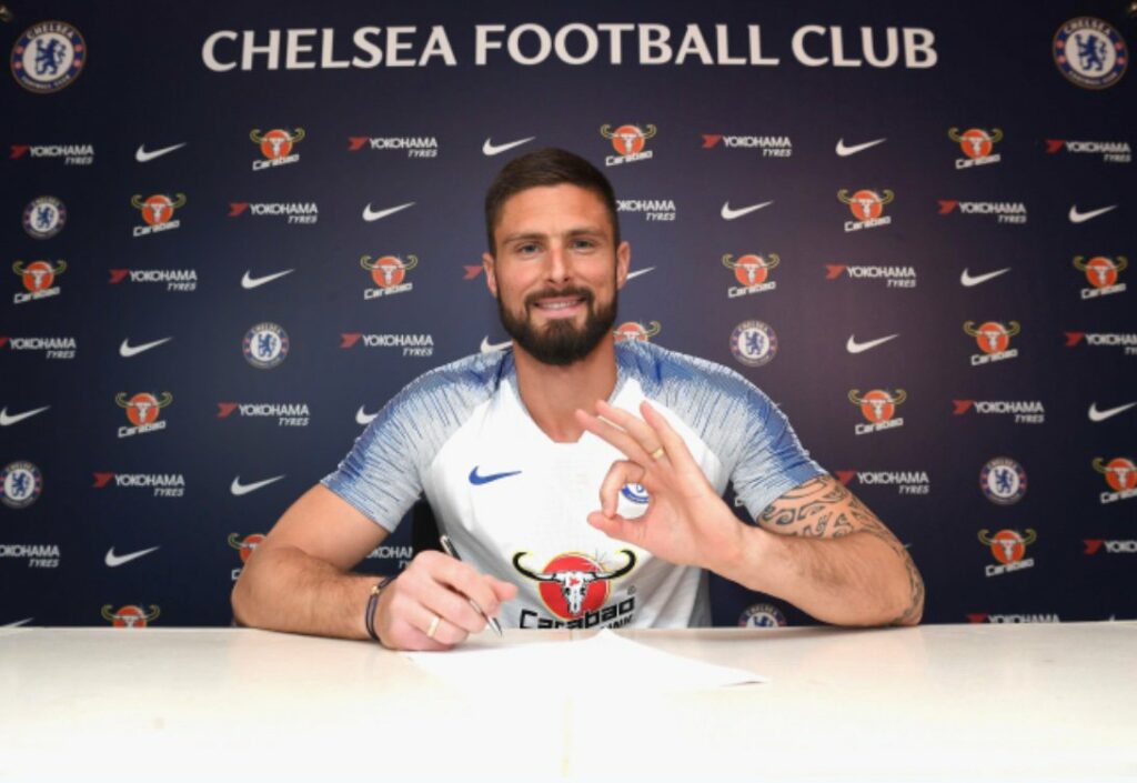 File photo of Olivier Giroud signing for Chelsea.