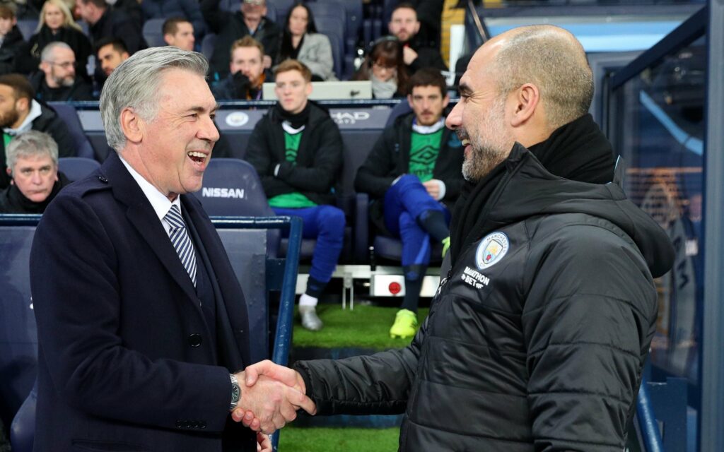 Everton coach Carlo Ancelotti and Manchester City coach Pep Guardiola. 