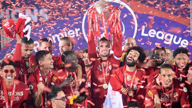 Liverpool celebrating their first Premier League title at the end of the 2019-2020 season. 