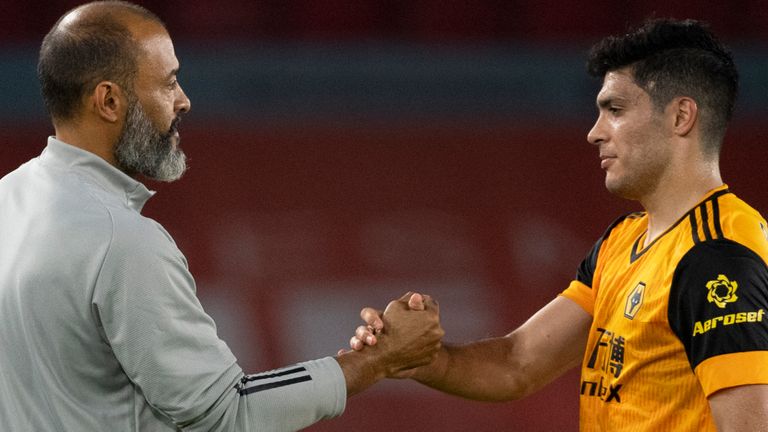 Wolves manager Nuno Espirito and Raul Jimenez.