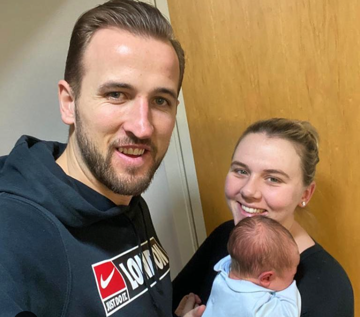 Harry Kane, his wife, Katie Goodland, and his newborn baby Louis.