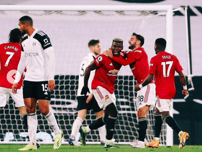 Paul Pogba celebrates his goal against Fulham.