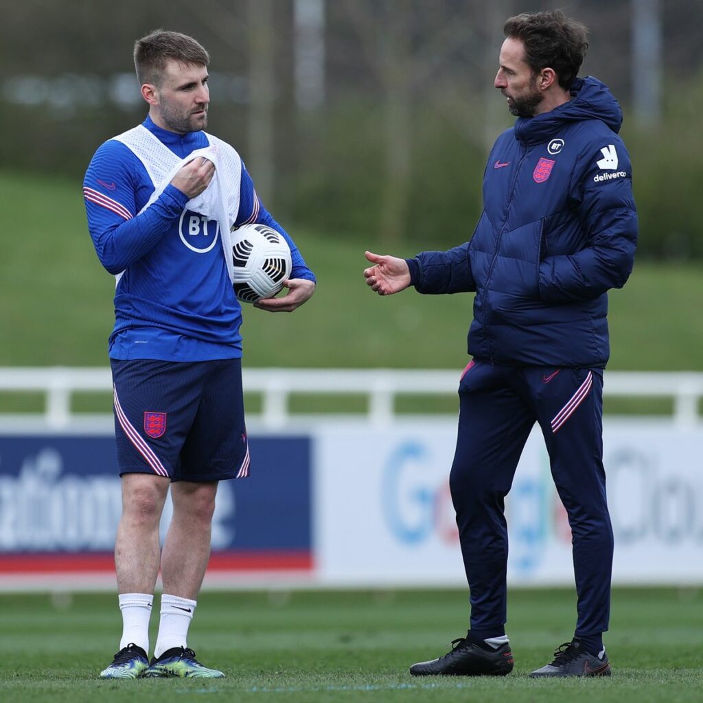 Luke Shaw and the head coach of England, Gareth Southgate.