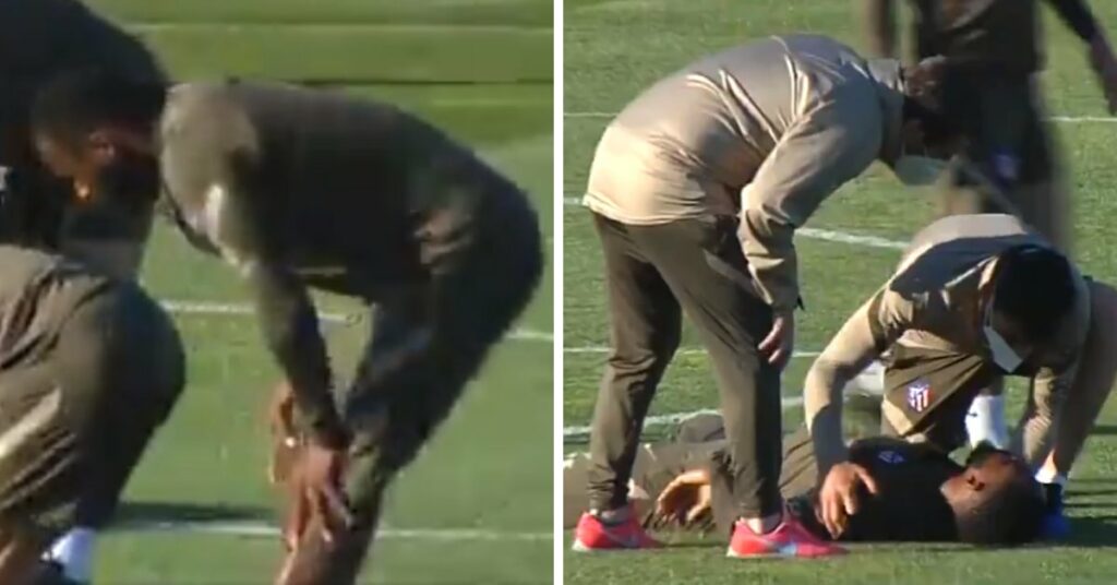 Moussa Dembele being attended to after he fainted during training on Tuesday. 