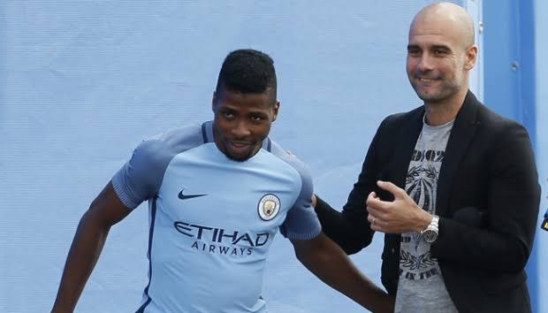 Kelechi Iheanacho and Pep Guardiola while the Nigerian was still at Manchester City.