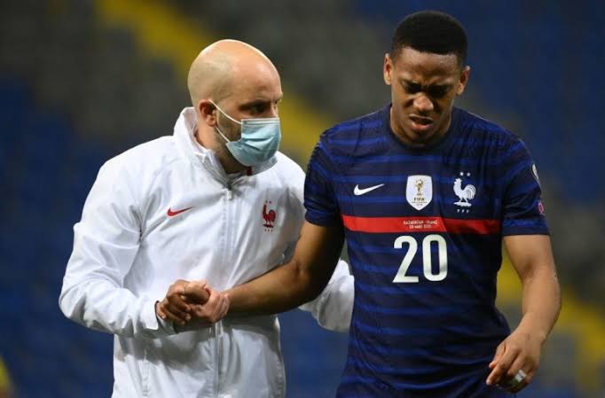 Anthony Martial walking out of a World Cup qualification match injured in March.