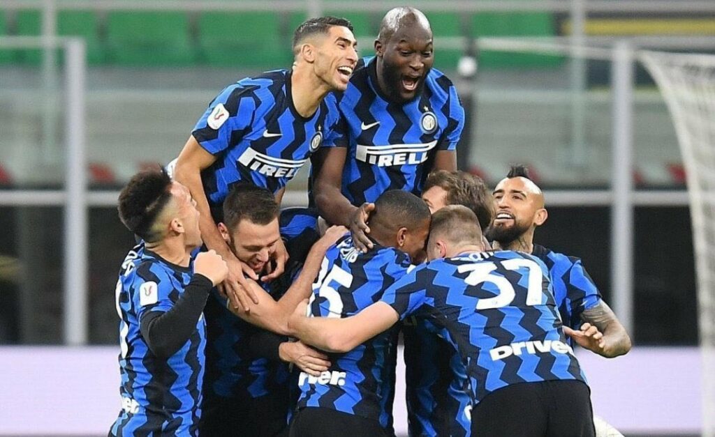 Romelu Lukaku celebrates with teammates at Inter Milan. 