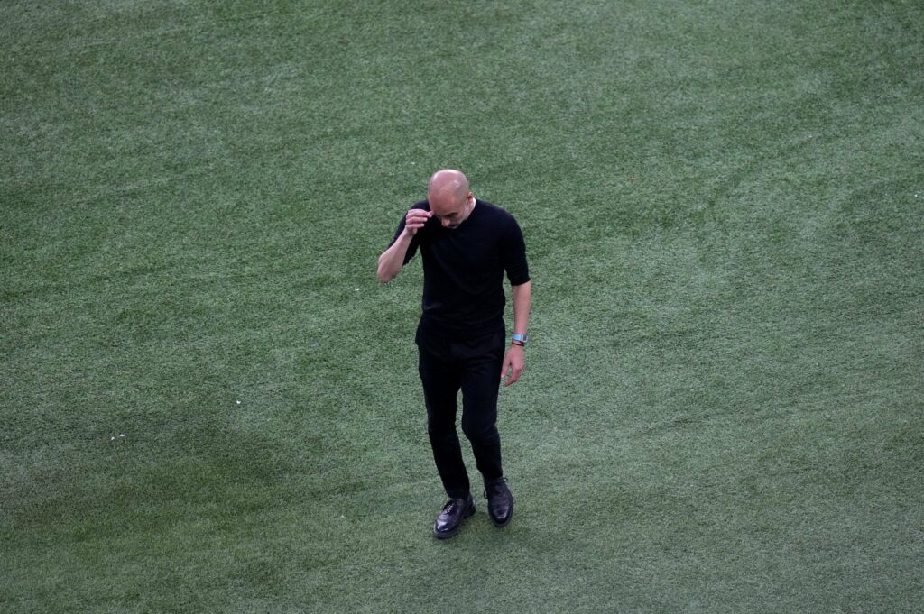Pep Guardiola of Manchester City after the Champions League final on May 29.