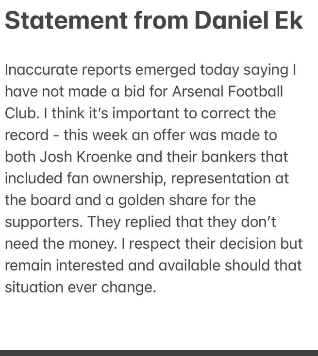 Daniel Ek confirms that Josh Kroenke rejected his offer to buy Arsenal