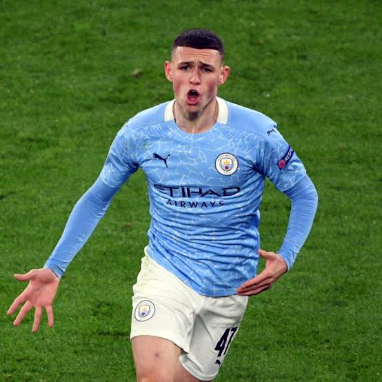 Phil Foden celebrates a goal he scored for Manchester City last season. 