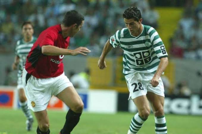 Young Cristiano Ronaldo taking on Manchester United before he joined the club in 2003.