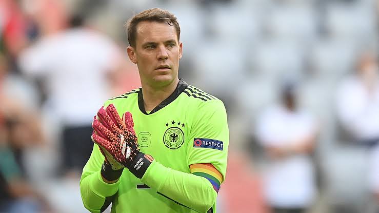 The goalkeeper of the German national team, Manuel Neuer flaunting the rainbow armband during a match in Euro 2020.