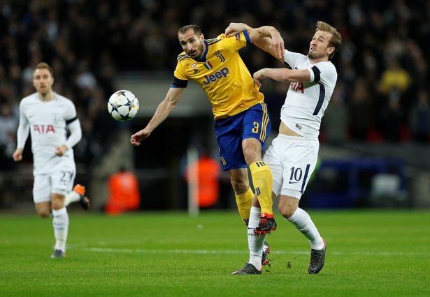 Giorgio Chiellini and Harry Kane facing each other in a match between Juventus and Tottenham Hotspur.  