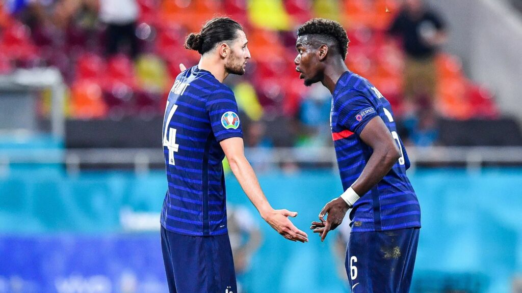 Adrien Rabiot arguing with Paul Pogba during a Euro 2020 match.