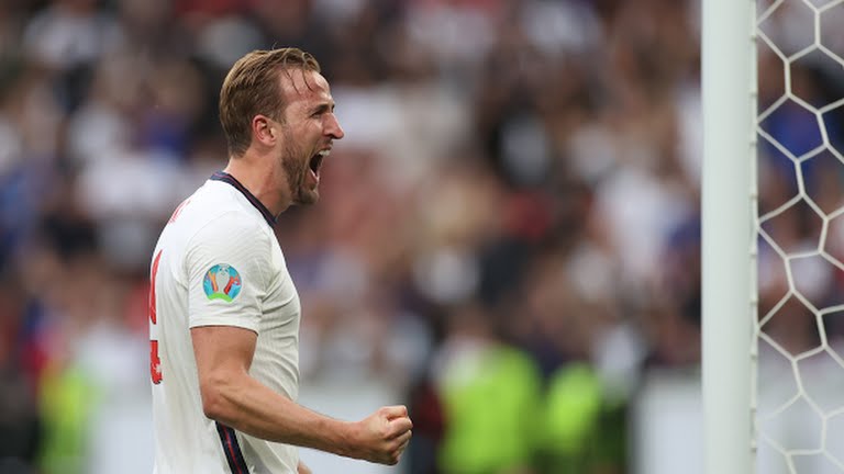 Harry Kane celebrates after scoring for England in the ongoing Euro 2020.