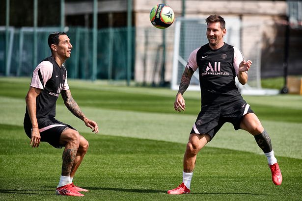 Angel Di Maria and Lionel Messi in training at PSG.