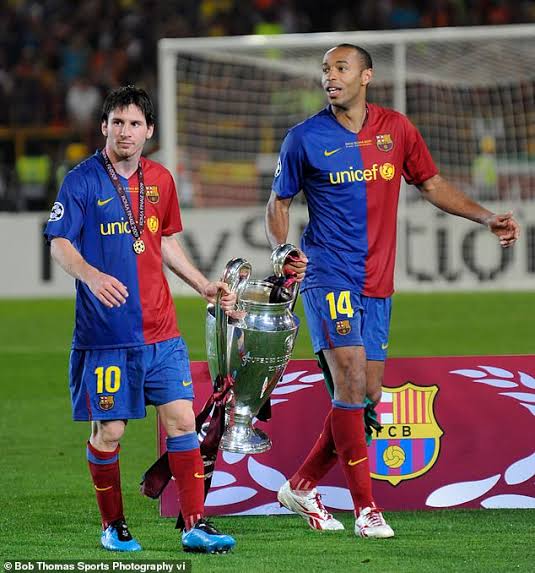 File photo of Lionel Messi and Thierry Henry after helping Barcelona to win 2009 UEFA Champions League final.