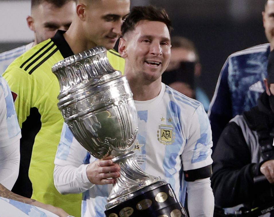 Lionel Messi presenting Copa America to 20,000 spectators at the Monumental Stadium in Buenos Aires, Argentina.