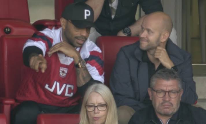 Thierry Henry and Daniel Ek at the Emirates Stadium on Sunday during Arsenal's league game against Tottenham. 
