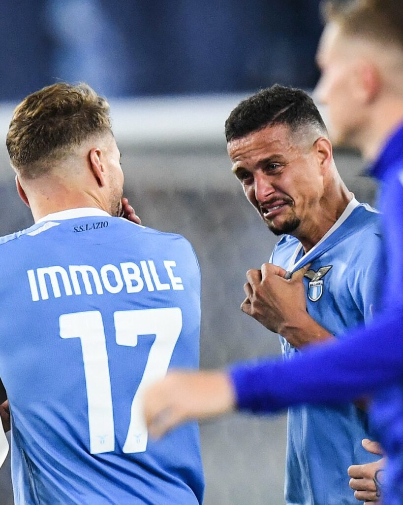 Felipe in tears as he discussed with his team's captain Immobile after he was shown a red card.