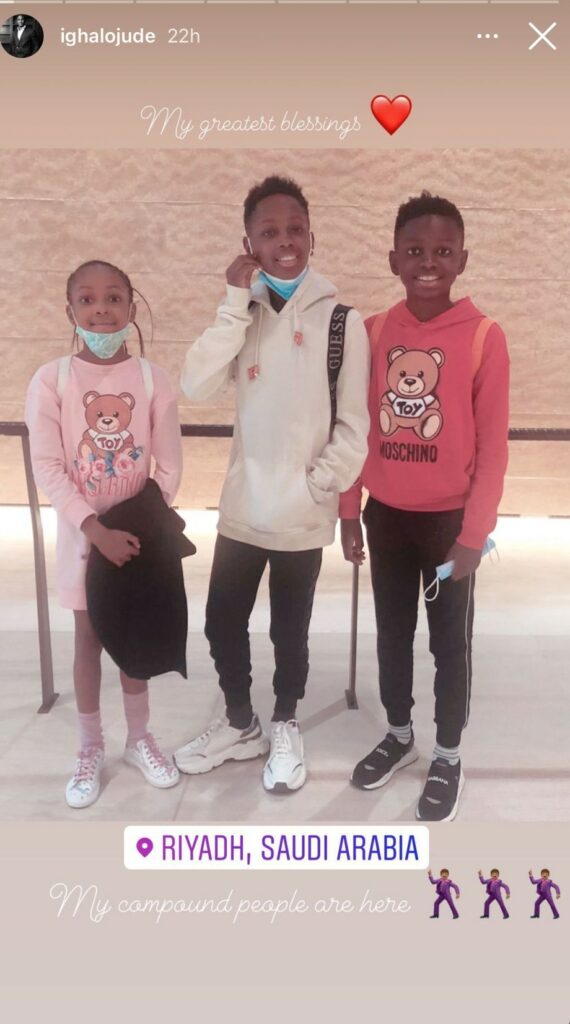 Odion Ighalo reunites with his three kids Samuel, Bernice, and Daniel in Saudi Arabia