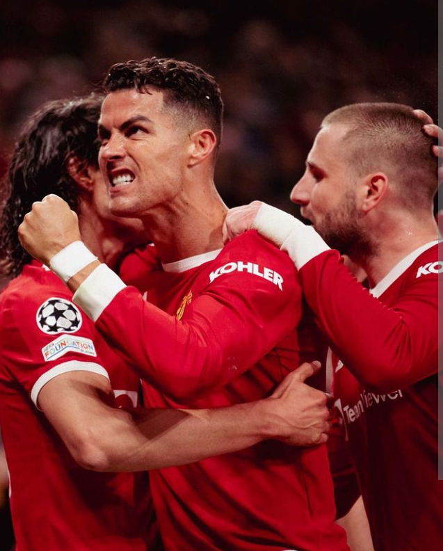 Cristiano Ronaldo celebrates with his teammates after scoring a late winner against Atalanta on Wednesday, October 20, 2021.