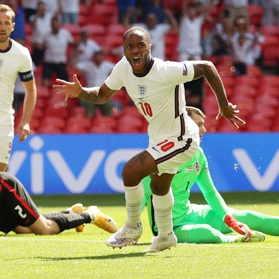 Raheem Sterling celebrates one of his three goals in Euro 2020. 