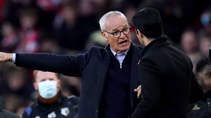 Claudio Ranieri arguing with Mikel Arteta on the touchline during the Arsenal vs Watford league game on Sunday, November 7. 