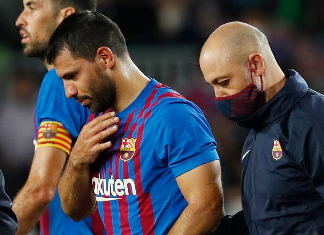 Sergio Aguero hold his chest as he was substituted on October 30 after complaining of chest pain. 