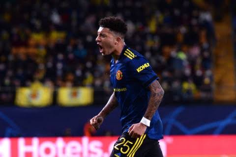 Jadon Sancho celebrates his first goal for Manchester United.  