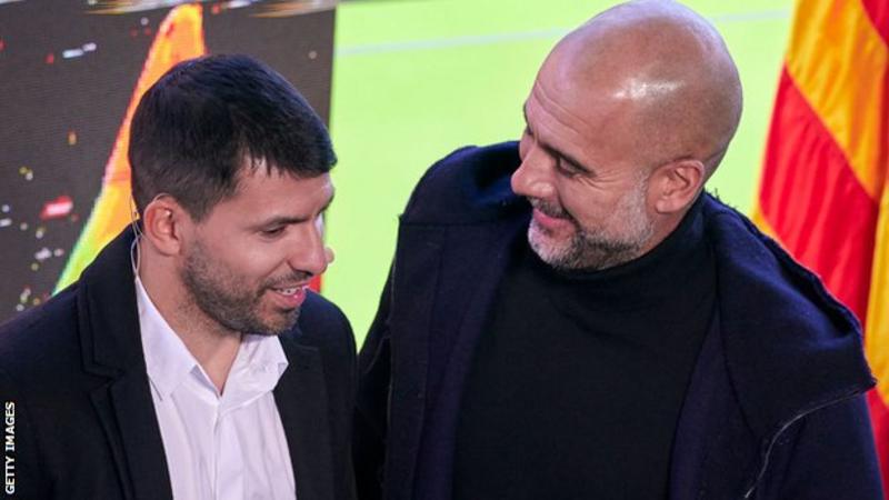 Manchester City coach Pep Guardiola was at the Camp Nou on Wednesday to support Aguero. 