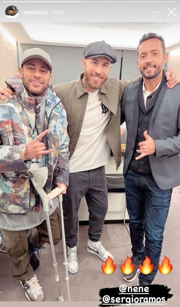 Neymar is still on crutches as Sergio Ramos and Nene of PSG pay him a visit
