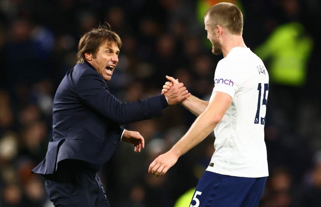 Eric Dier of Tottenham celebrates with Antonio Conte after a game. 