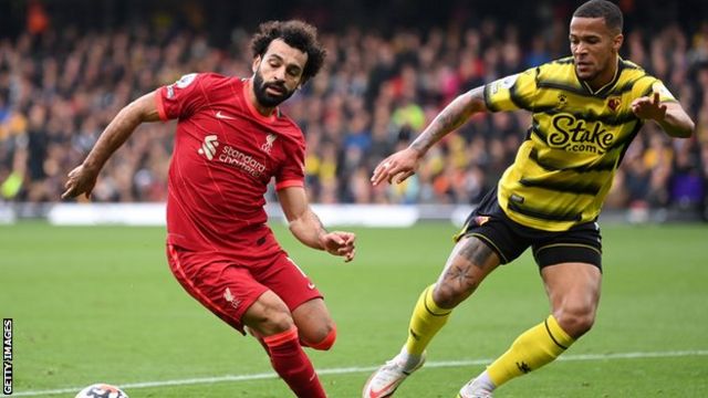 William Troost-Ekong of Watford taking on Mohamed Salah of Liverpool during a Premier League game.