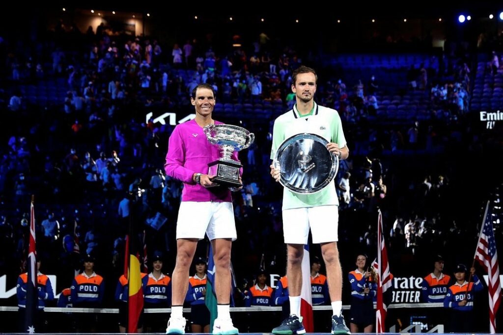 Rafael Nadal and Daniil Medvedev on the podium after the Australia Open Final on Sunday, January 30, 2022.  